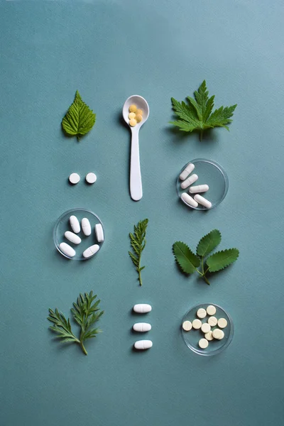 Гомеопатия Натуропатия Альтернативная Травяная Медицина Капсулы Таблетки Зеленые Листья Растений — стоковое фото