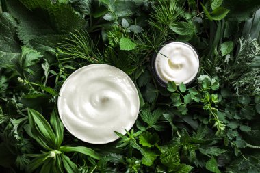 Arka plan olarak yeşil bitki yaprakları üzerinde kozmetik vücut kremi ya da yüz kremi kavanozları. Doğal ekolojik güzellik ve organik cilt bakımı kavramı.