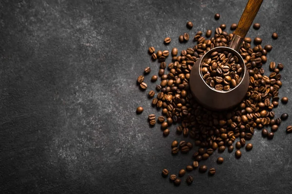 Roasted Coffee Beans Turk Cezve Black Background Turkish Coffee Composition — Stock Photo, Image