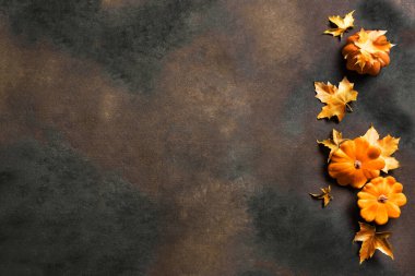 Sonbahar kompozisyonu balkabakları ve sarı akçaağaç yapraklarıyla koyu renk, üst manzara, kopyalama alanı. Mevsimlik düşüş, Şükran Günü geçmişi.