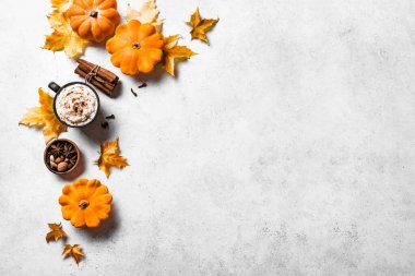 Sonbahar kompozisyonu, balkabakları, akçaağaç yaprakları ve balkabağı latte kahvesi beyaz taşın üstünde, üst manzara, kopyalama alanı. Mevsimlik düşüş, Şükran Günü geçmişi.