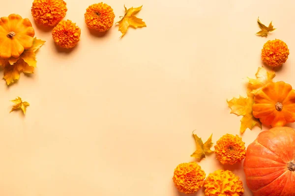 Composición Otoñal Con Calabazas Flores Hojas Arce Amarillo Sobre Amarillo — Foto de Stock