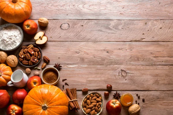 Autumn Fall Baking Background Pumpkins Apples Nuts Food Ingredients Seasonal — Stock Photo, Image