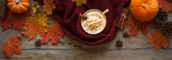 Autumn Composition Pumpkin Spice Latte Warm Scarf Autumn Maple Leaves — Stock Photo, Image