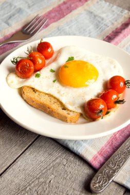 Sahanda yumurta domates ekmek üzerinde