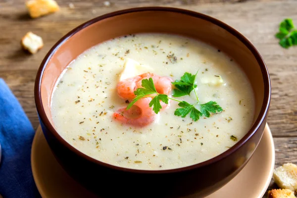 Cream soup with shrimps — Stock Image Cream soup with shrimps Royalty Free Stock Photos