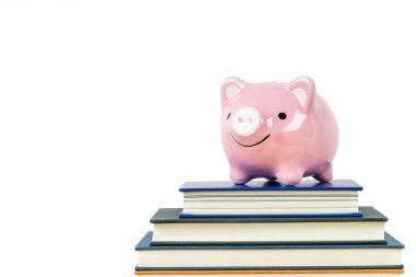 Beyaz arkaplan üzerine pembe kumbara, eğitim ve burs için tasarruf kavramı