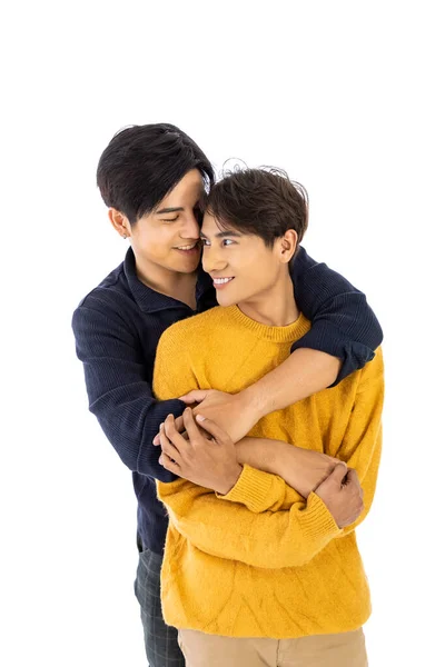 Portrait Young Cute Asian Gay Couple Love Hugging Smiling White — Zdjęcie stockowe
