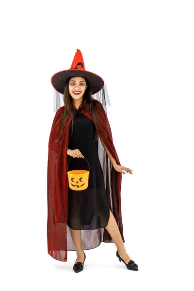 Azjatka Ubrana Kostium Halloween Jako Czarownica Czerwonym Płaszczu Białym Tle — Zdjęcie stockowe