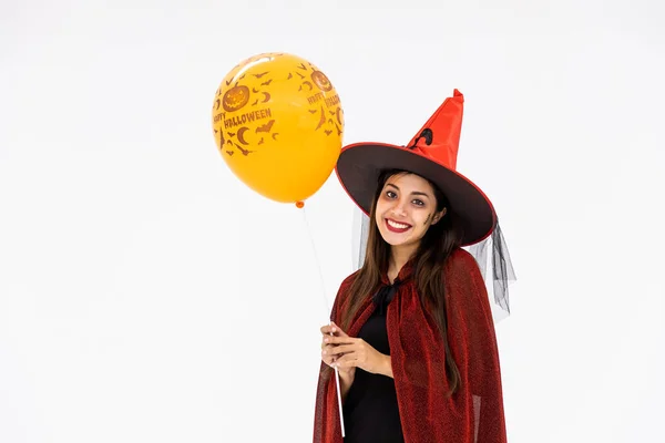 Mujer Asiática Con Disfraz Halloween Como Bruja Capa Roja Sobre —  Fotos de Stock