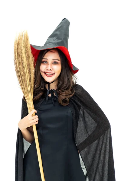 Asiatisk Kvinna Bär Halloween Kostym Som Häxa Svart Mantel Vit — Stockfoto