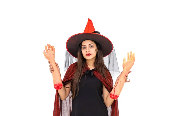 Mulher Asiática Vestindo Traje Halloween Como Bruxa Manto Vermelho Fundo — Fotografia de Stock