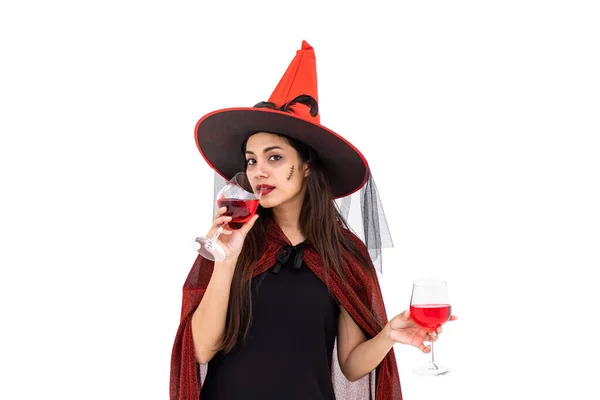 Asian Woman Wearing Halloween Costume Witch Red Cloak White Background — Stock Photo, Image