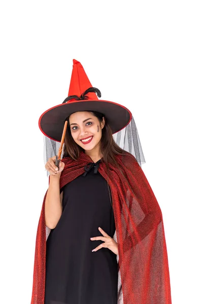 Ázsiai Visel Halloween Jelmez Mint Boszorkány Piros Köpenyben Fehér Háttér — Stock Fotó