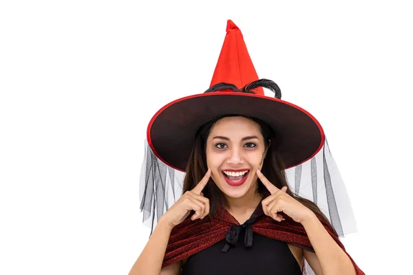 Mulher Asiática Vestindo Traje Halloween Como Bruxa Manto Vermelho Fundo — Fotografia de Stock