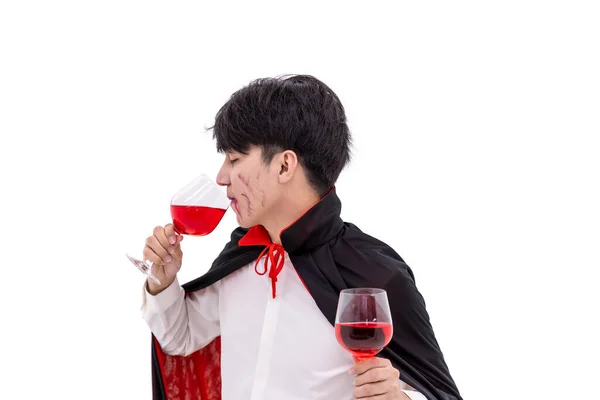 Asian Man Wearing Halloween Costume Vampire Dracula White Background Holding — Stock Photo, Image