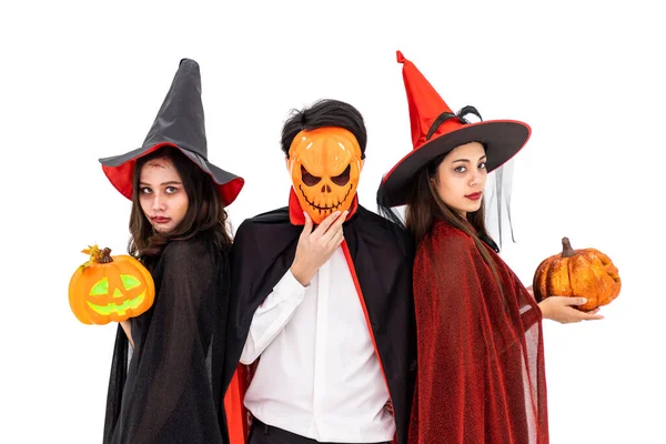 Grupp Asiatiska Man Och Kvinna Bär Halloween Kostym Som Häxa — Stockfoto