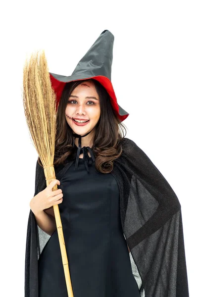 Donna Asiatica Che Indossa Costume Halloween Come Strega Mantello Nero Foto Stock