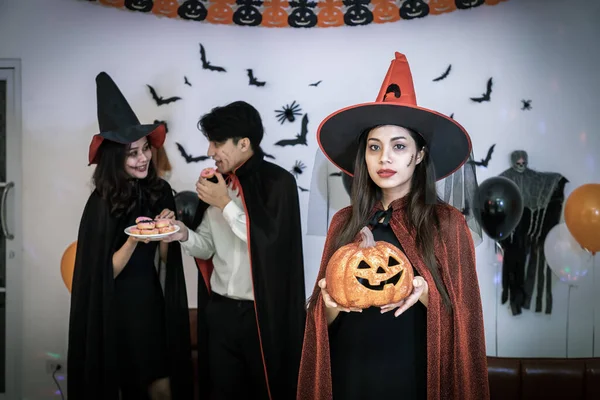 Portrait Young Asian Woman Halloween Costumer Witch Party Pumpkin Jack — Stock Photo, Image