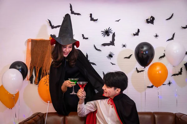 Young Happy Asian Couple Dressing Halloween Costume Vampire Witch Celebrating — Stock Photo, Image