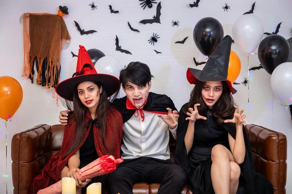 Young Happy Asian People Dressing Halloween Costume Vampire Witch Celebrating — Stock Photo, Image