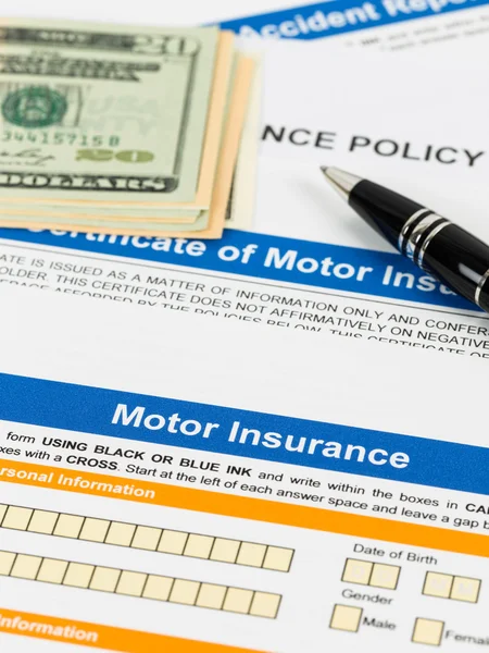 Motor or car insurance application with pen, and dollar banknote — Stock Photo, Image