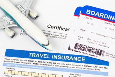 Travel insurance application form with plane model and boarding 