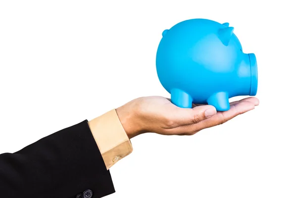 Businessman hold blue piggy bank in hand on white background — Stock Photo, Image