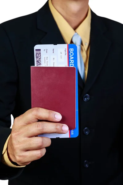 Businessman holding passport and boarding pass concept business — Stock Photo, Image