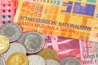 Switzerland money swiss franc banknote and coins close-up clipart