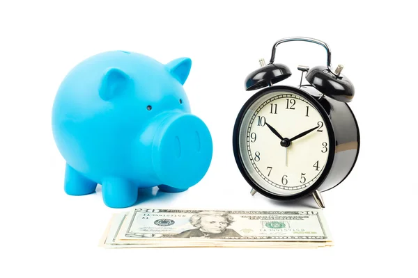 Reloj despertador, alcancía y concepto de billete de dólar para ahorrar — Foto de Stock