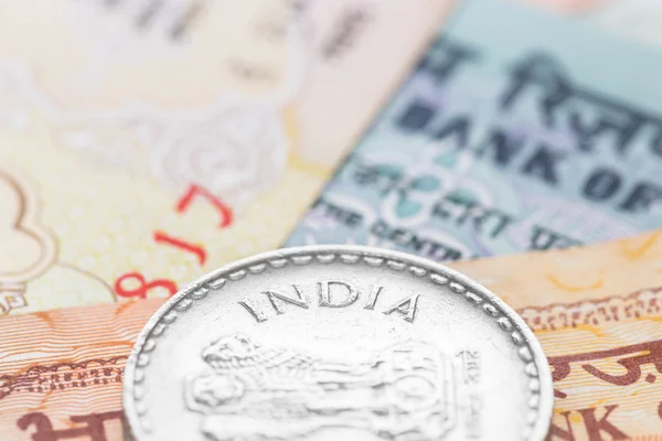 Indian money banknote focus on coin india — Stock Photo, Image