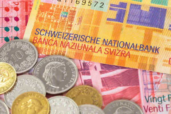 Switzerland money swiss franc banknote and coins close-up — Stock Photo, Image