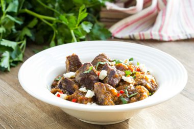 Traditional meat stew with beef, vegetables, feta cheese, homema