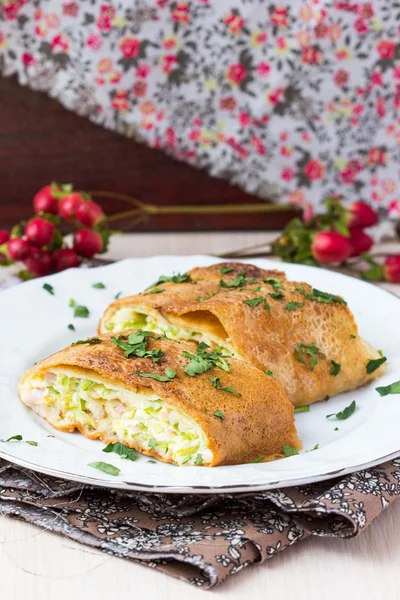 Roll from pancakes with zucchini, ham, cheese, creamy taste, bre — Stock Photo, Image