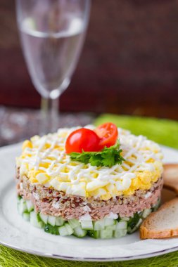 Ton balığı, quinoa, yumurta, salatalık, yığın, tatil ile Rus salatası bir