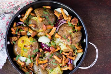 Cantharellus cibarius mantar, soğan, lezzetli sebze patates kızartması