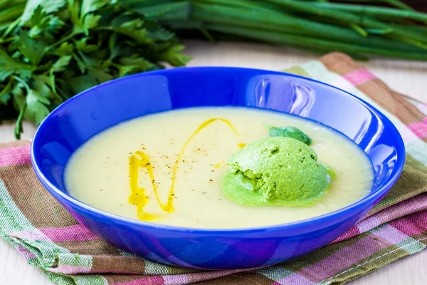 Vegetable cream soup with green ice cream from herbs, spinach — Stock Photo, Image
