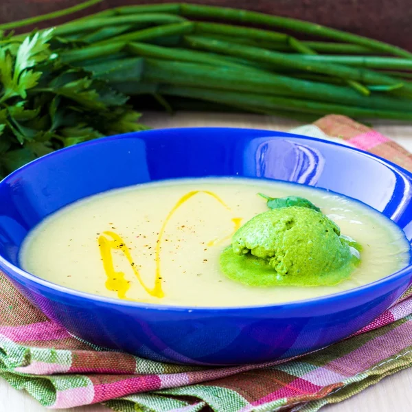 Vegetable cream soup with green ice cream from herbs, spinach — Stock Photo, Image