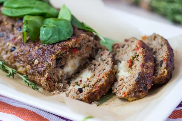 Meatloaf, meat roll, minced beef, pork with olives, mozzarella c — Stock Photo, Image