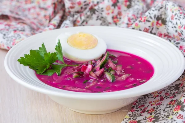 Deliciosa sopa de remolacha fría con pepino, rábano, huevo, trad de verano —  Fotos de Stock