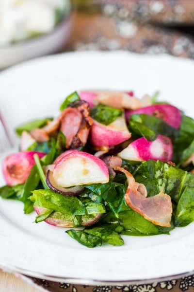 Warme salade met gebakken radijs, spinazie, spek, crème kaas fet — Stockfoto