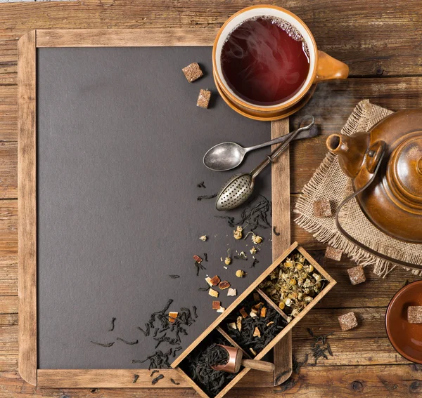 Teatime and chalkboard, above view. — Stock Photo, Image