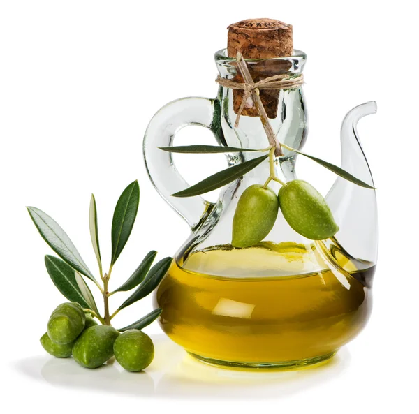 Olives with leaves and olive oil. — Stock Photo, Image