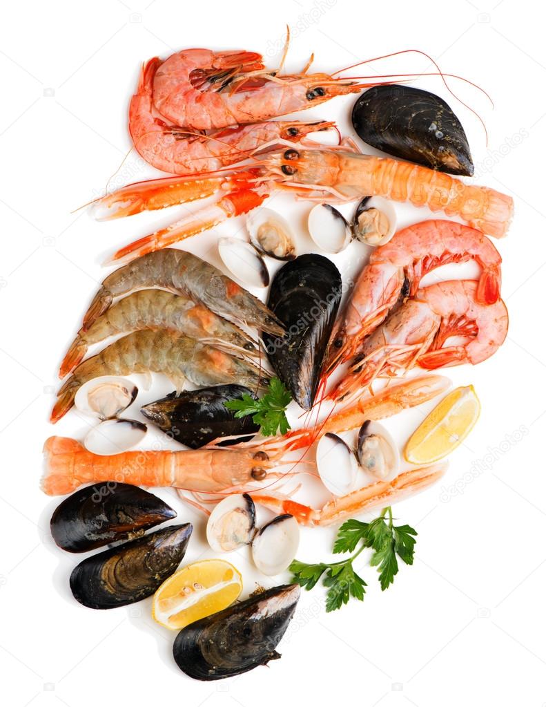  Assortment of raw seafood, above view.