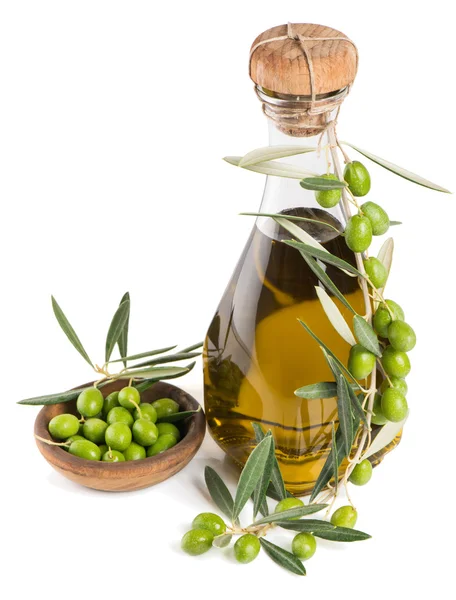 Olives and olive oil in a bottle — Stock Photo, Image
