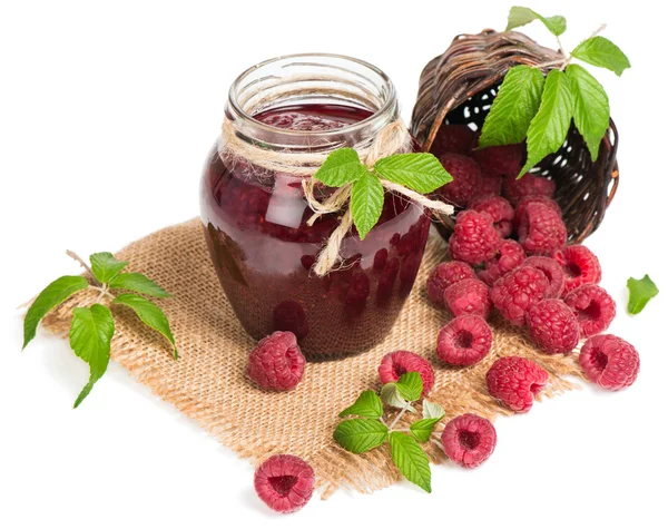 Glass jar of raspberry jam. — Stock Photo, Image