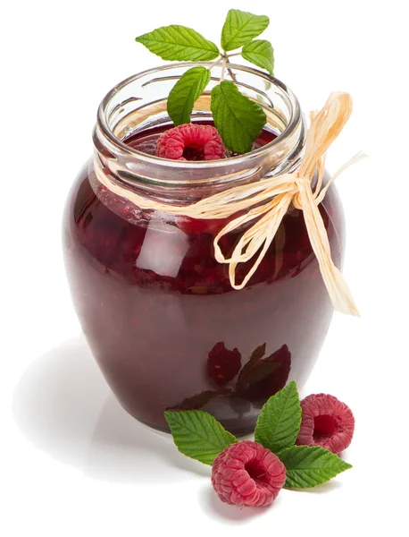 Homemade raspberry jam and fresh raspberries — Stock Photo, Image