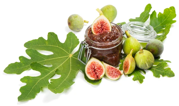 Figs on fig leaf and jam — Stock Photo, Image