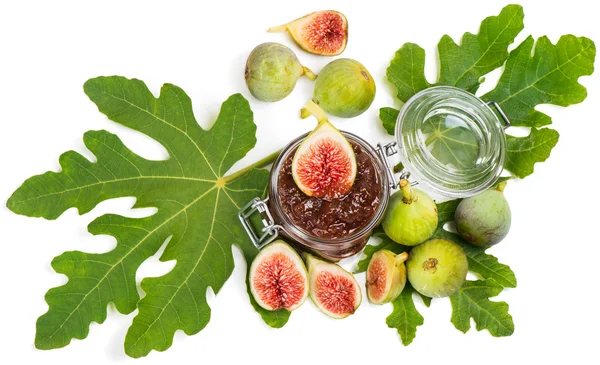 View from above of figs on fig leaf and jam — Stock Photo, Image